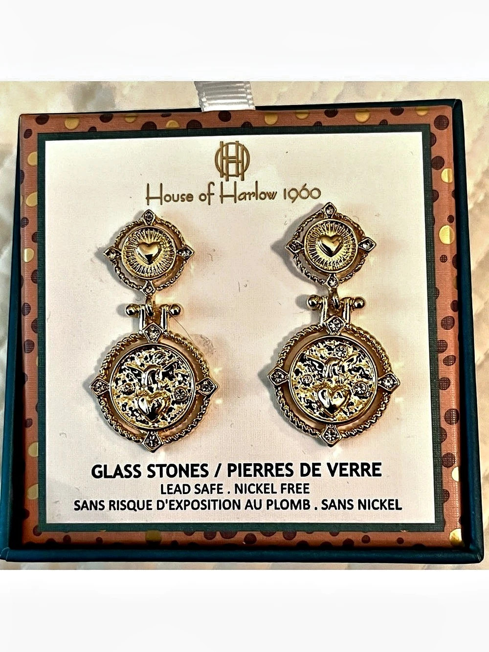 House of Harlow 1960 Glass Stone Heart Coin Statement Earrings Gold